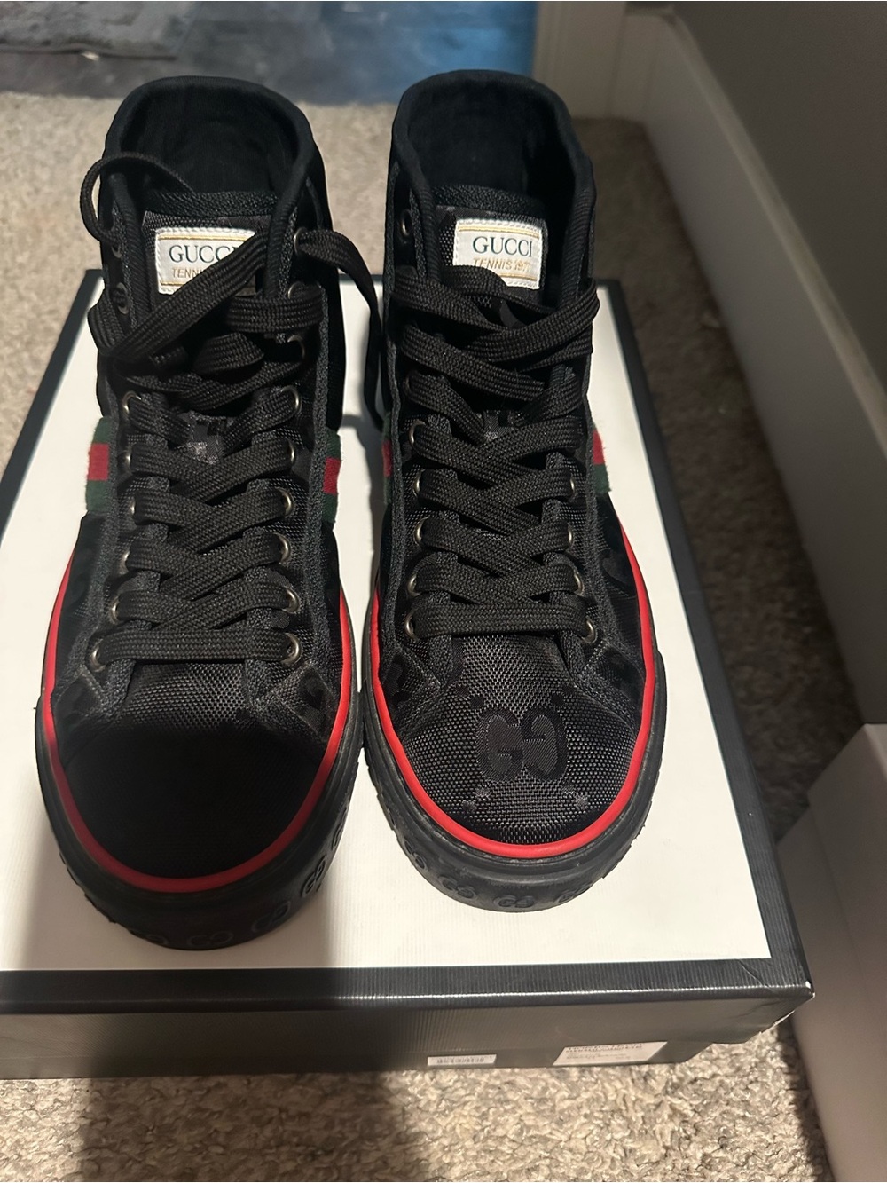 Gucci Black High-Top Sneakers with Red and Green Web Stripe